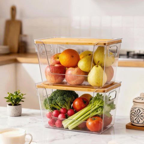 Criusia clear bin for produce shows easy access to potatoes, onions, and fruit