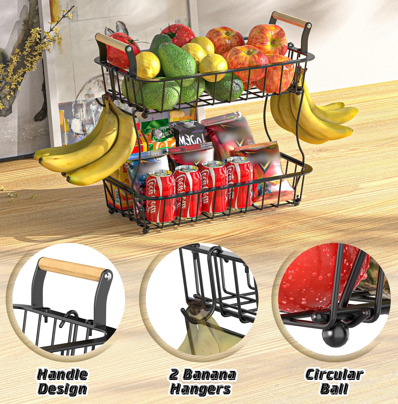 Crixny fruit basket with wood handle for easy transport.