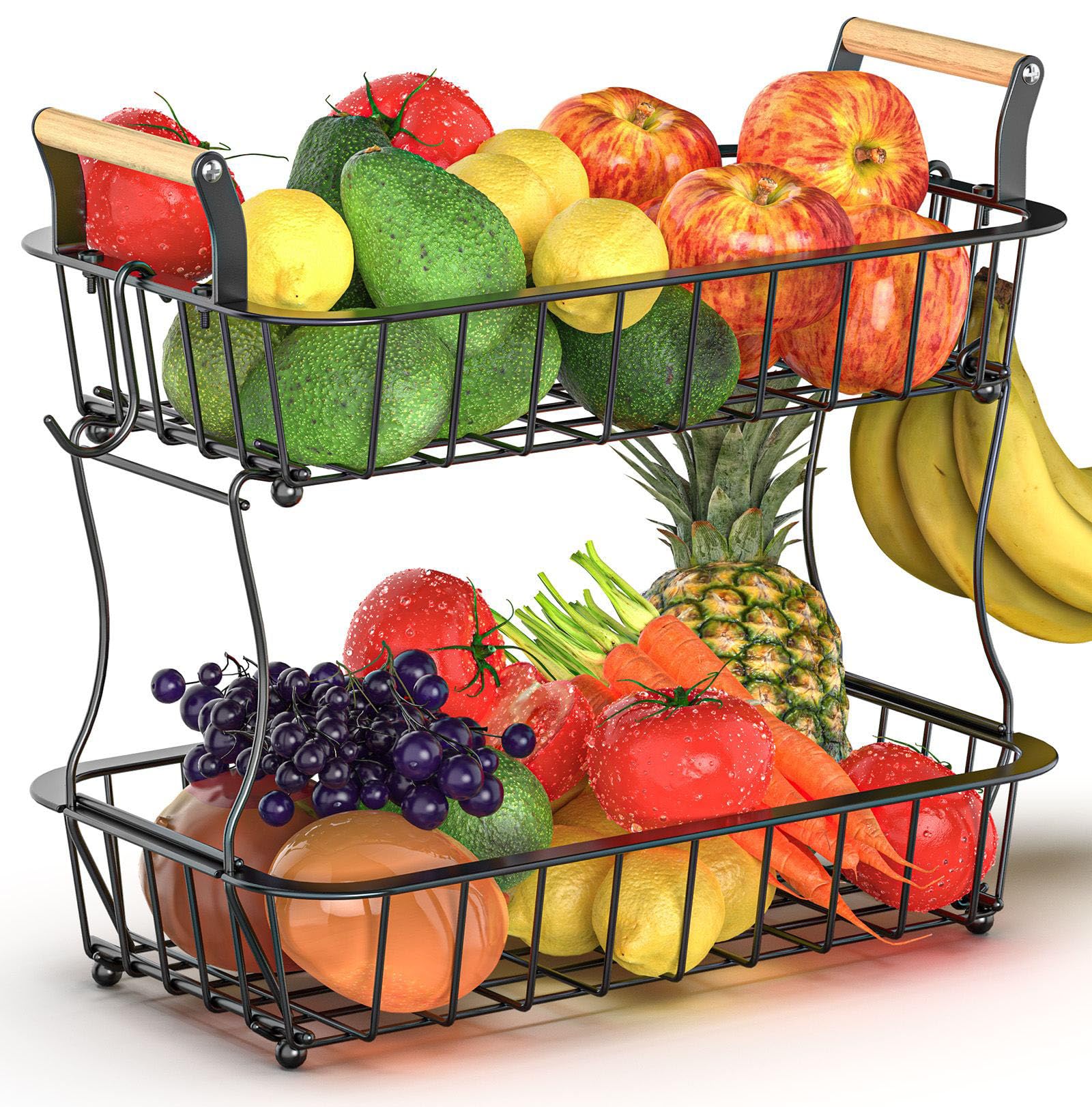 Crixny two-tier banana hanger stand keeps fruit organized on the counter.