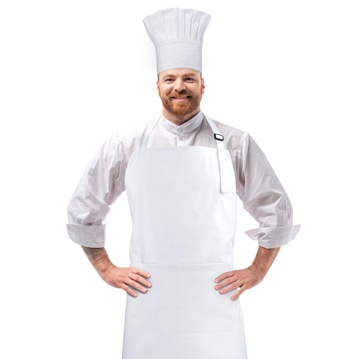 CRJHNS chef apron and hat set front view showing adjustable fit and white cotton fabric.
