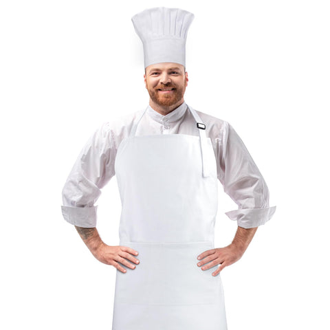 CRJHNS chef apron and hat set front view showing adjustable fit and white cotton fabric.