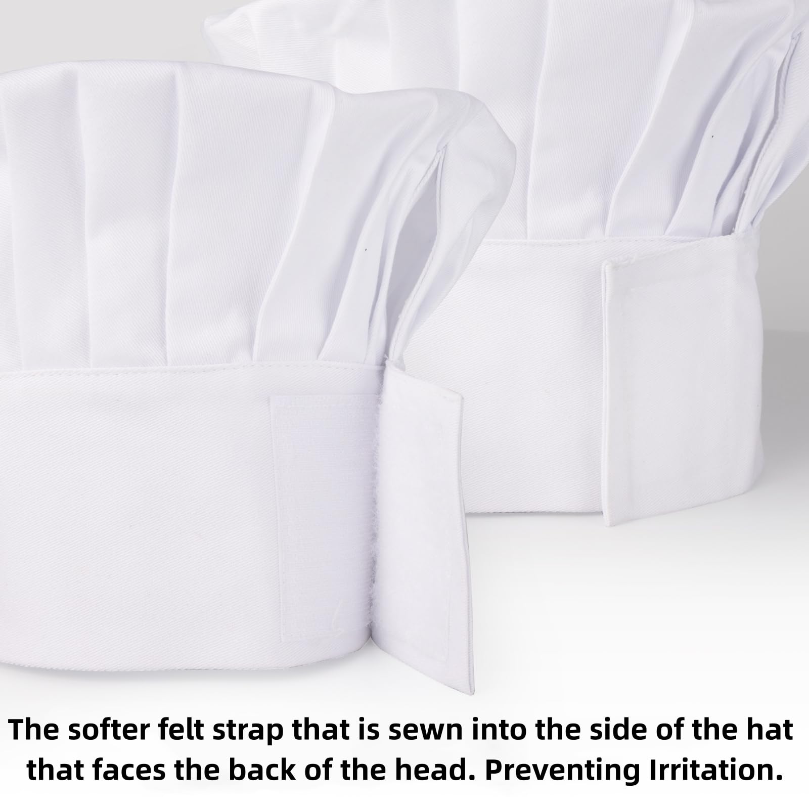 CRJHNS chef hat with hook and loop tape for comfortable, adjustable sizing.