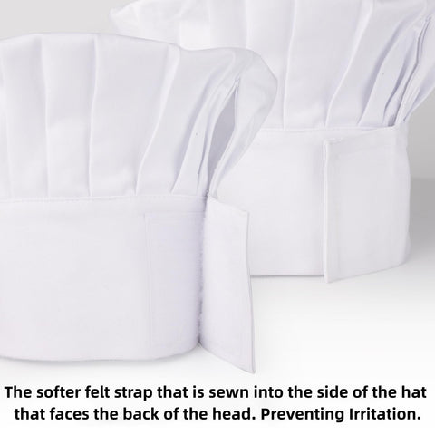 CRJHNS chef hat with hook and loop tape for comfortable, adjustable sizing.