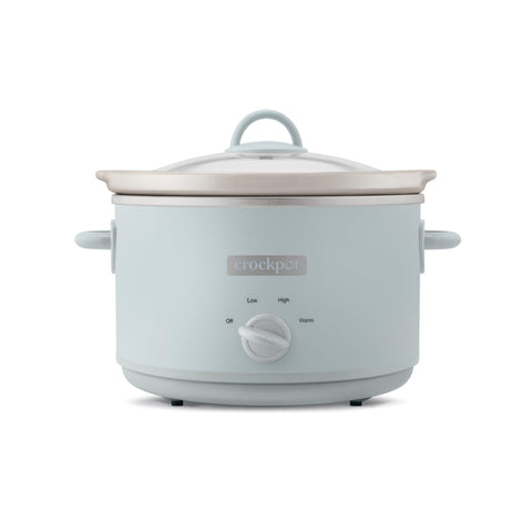 Crock-Pot Macaroon Blue slow cooker front view showing modern design and accessible manual controls