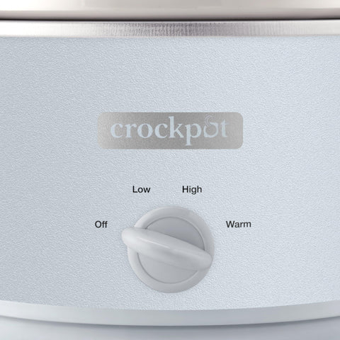 Crock-Pot Macaroon Blue lid on view emphasizes airtight lid and warm function practicality