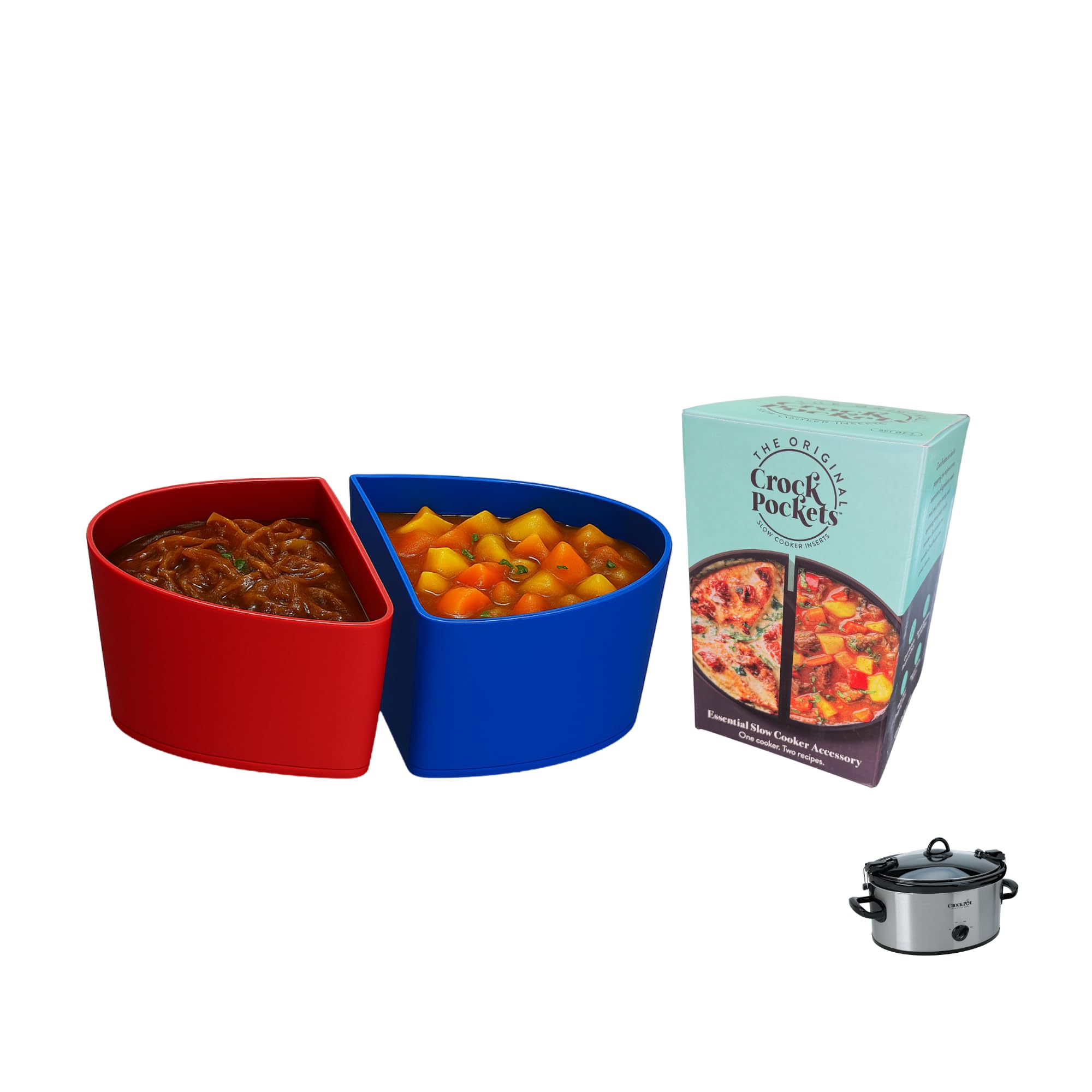 CrockPockets blue and red silicone divider inside a 6-quart slow cooker for two meals