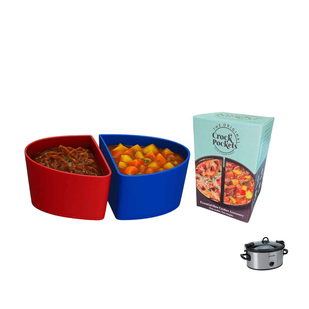 CrockPockets blue and red silicone divider inside a 6-quart slow cooker for two meals