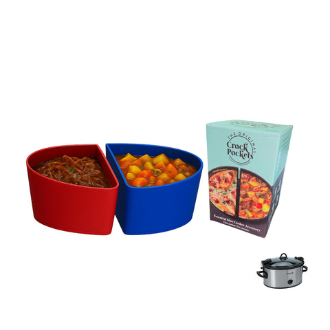 CrockPockets blue and red silicone divider inside a 6-quart slow cooker for two meals