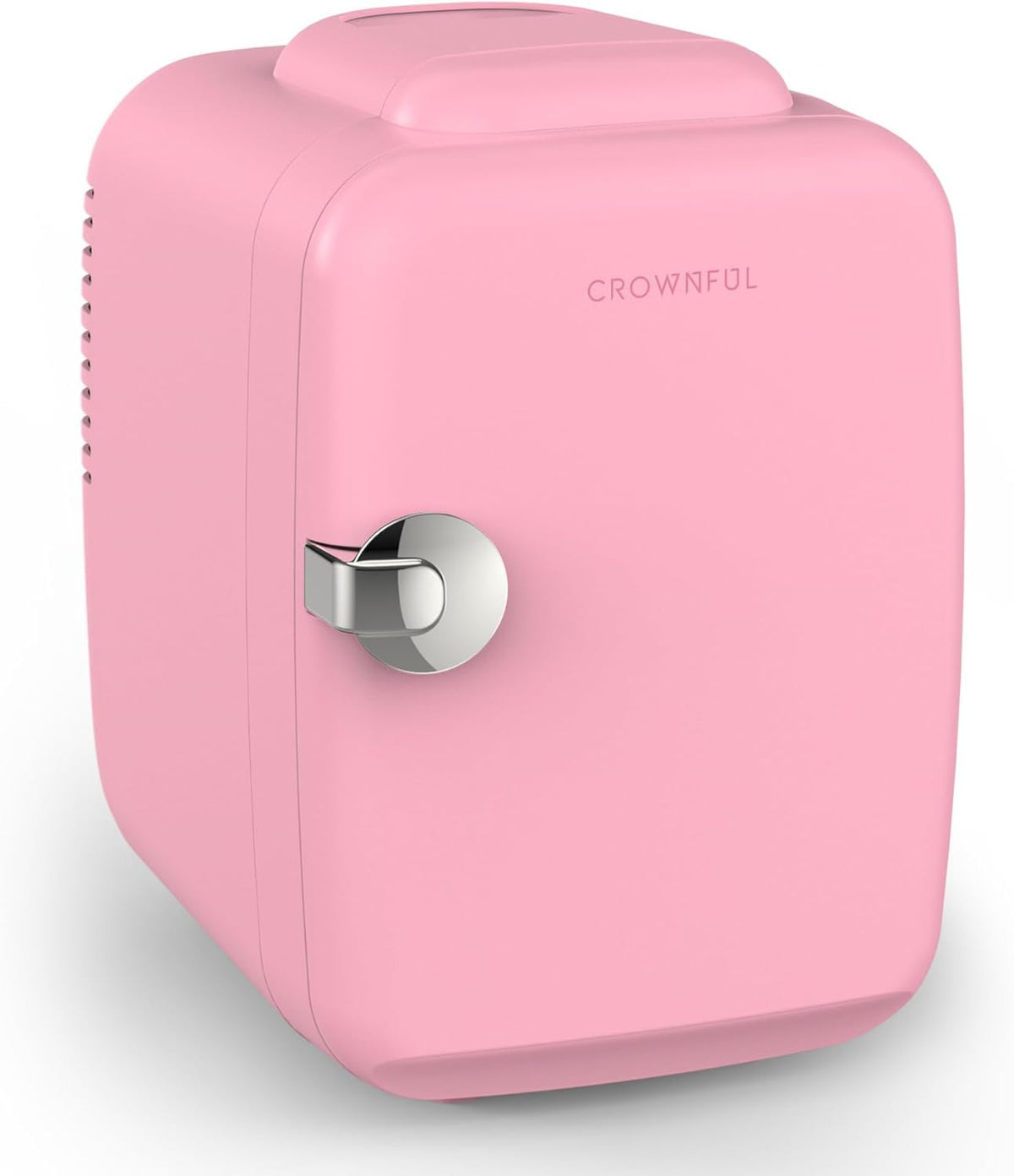 CROWNFUL mini fridge pink front view for compact skincare and beverage storage