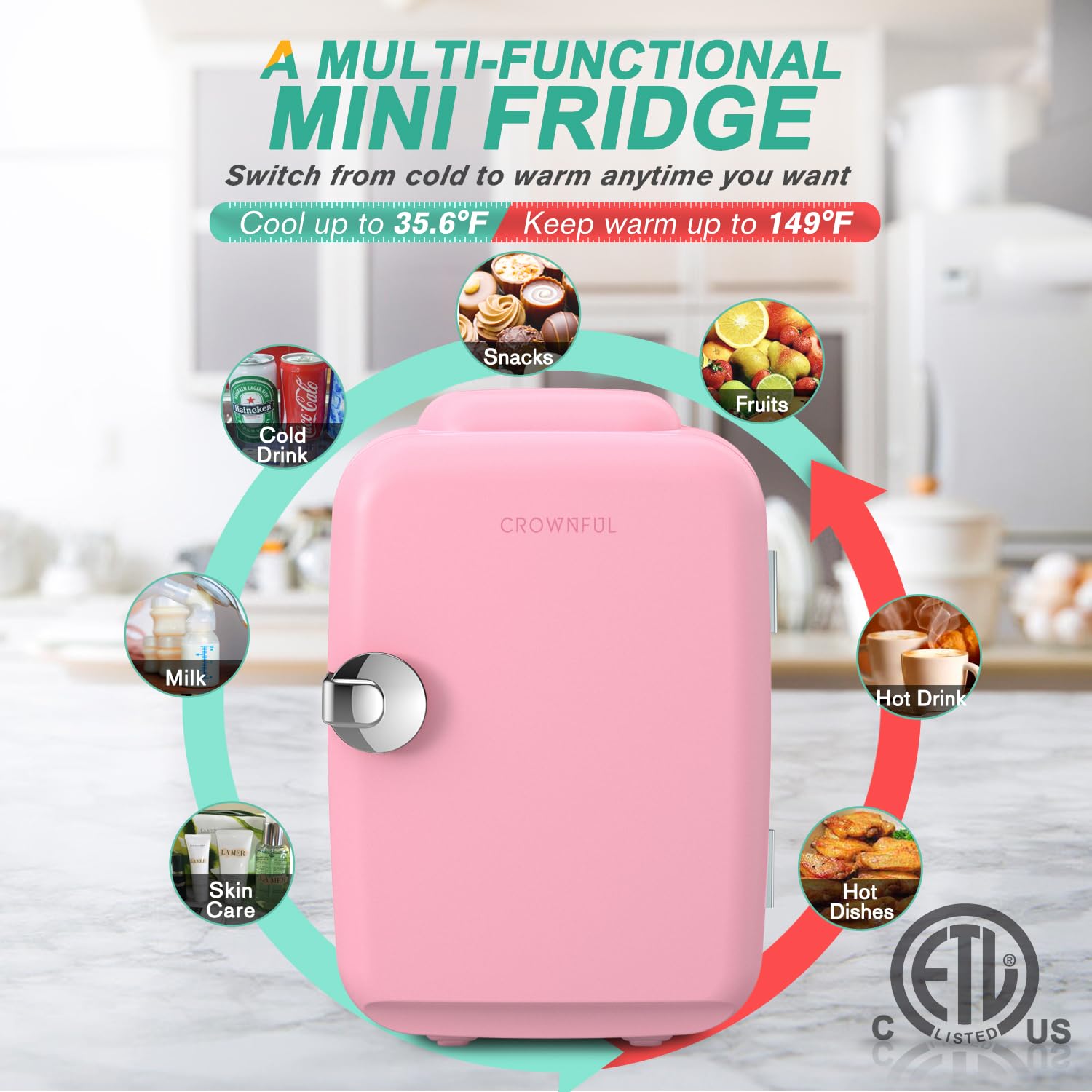 CROWNFUL mini fridge cooling and warming switch keeps products versatile