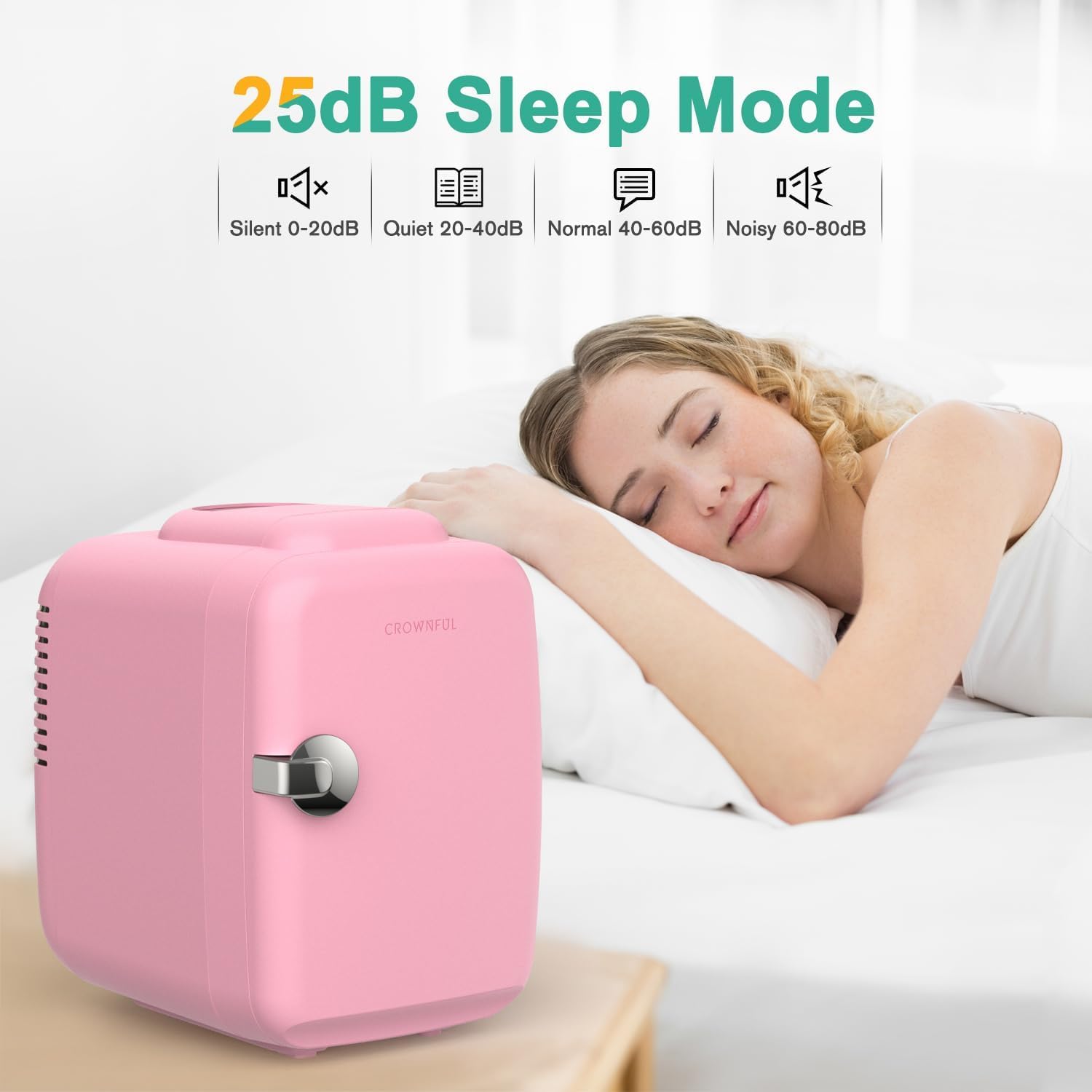 CROWNFUL mini fridge operates quietly for undisturbed bedrooms and offices