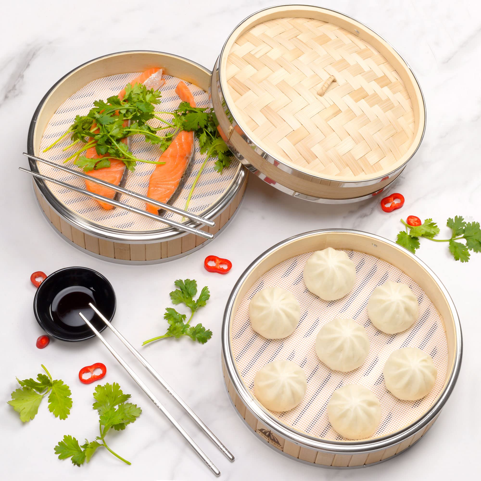 CrownSpire stainless steel chopsticks included for serving and dipping.