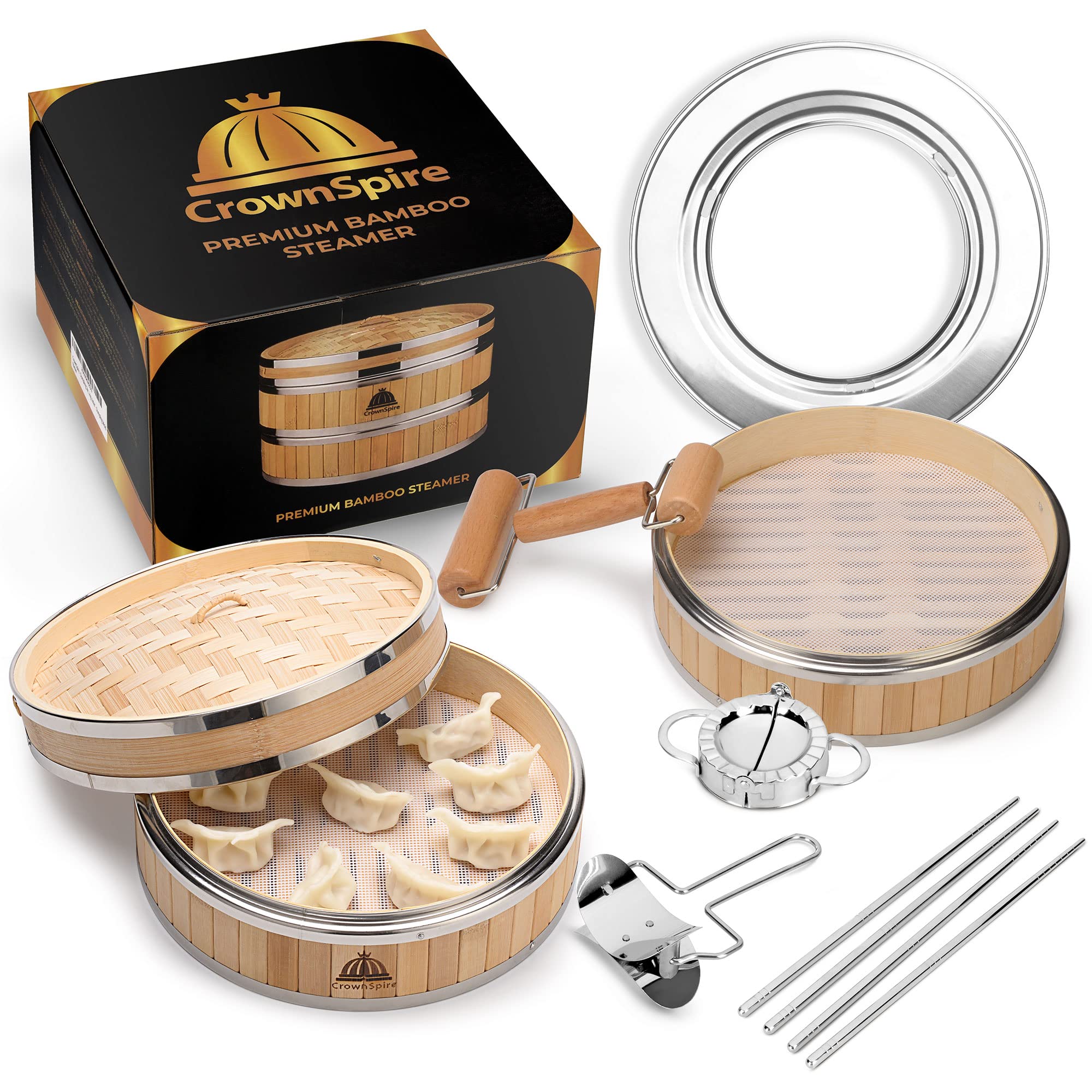 CrownSpire two-tier bamboo steamer assembly for efficient steaming of veggies and dumplings.