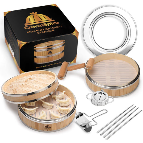 CrownSpire two-tier bamboo steamer assembly for efficient steaming of veggies and dumplings.
