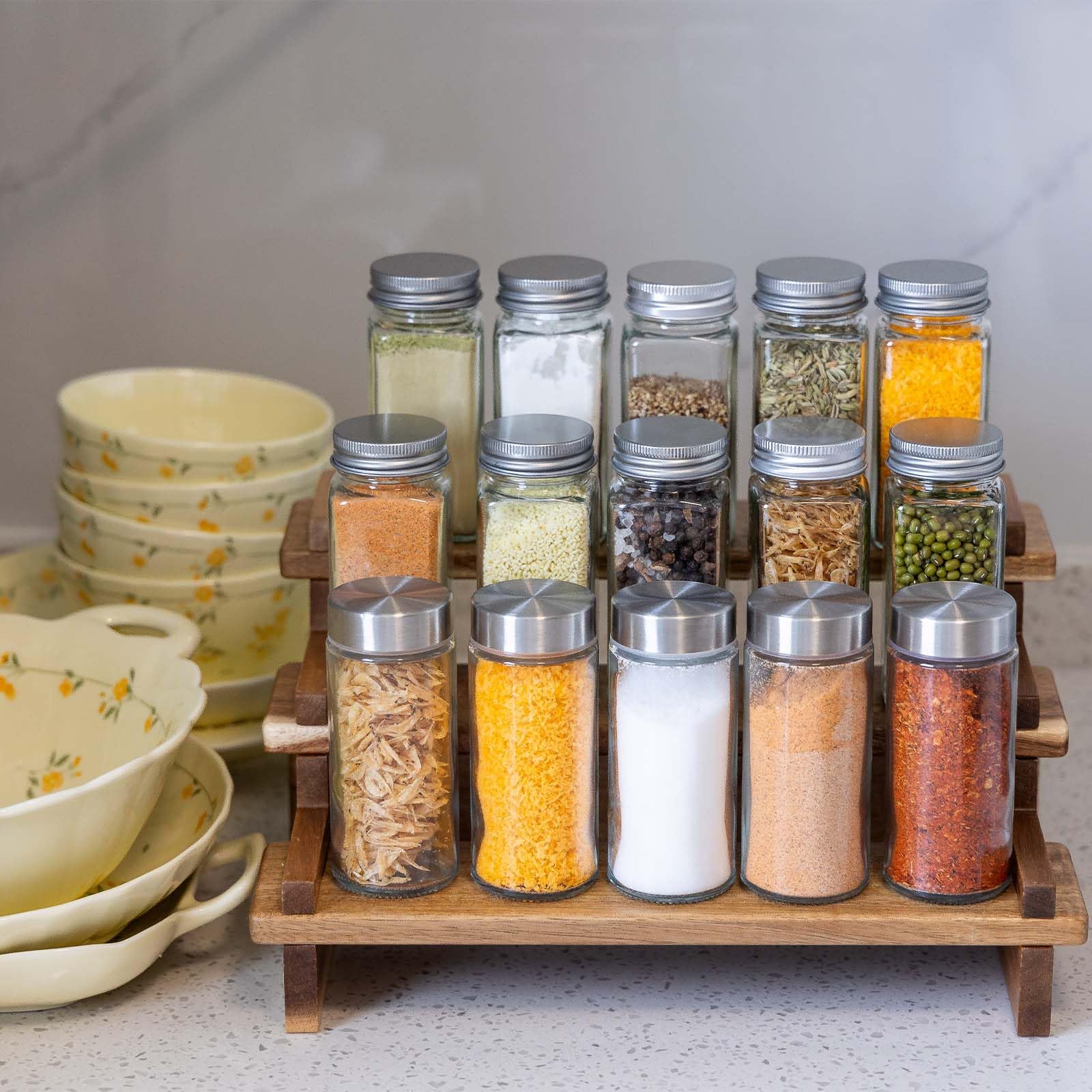 crownwow spice jar rack elevates jars for clear labeling and easy access.