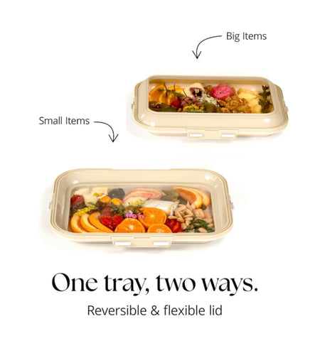 Crudités cream white tray with reversible lid keeps foods fresh and secure
