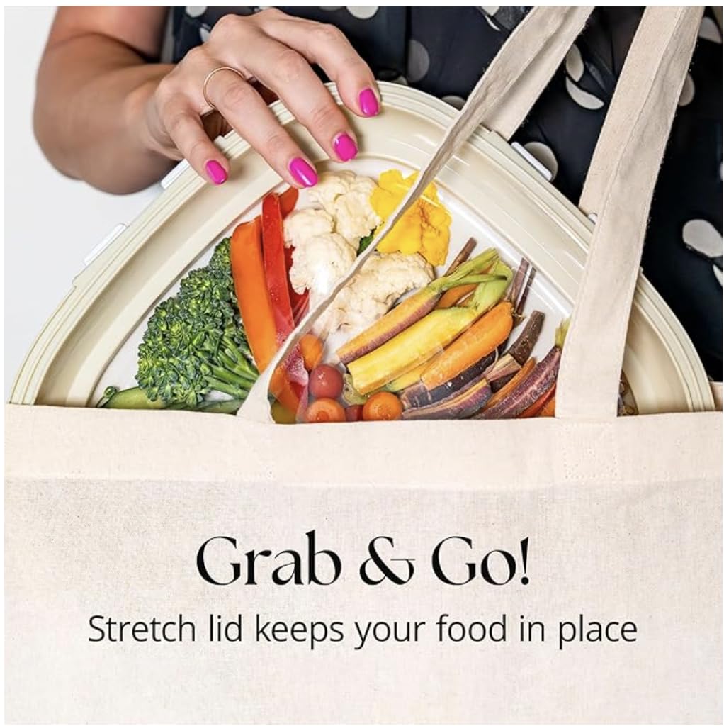 Crudités reversible stretch lid seals securely for quick, mess-free storage