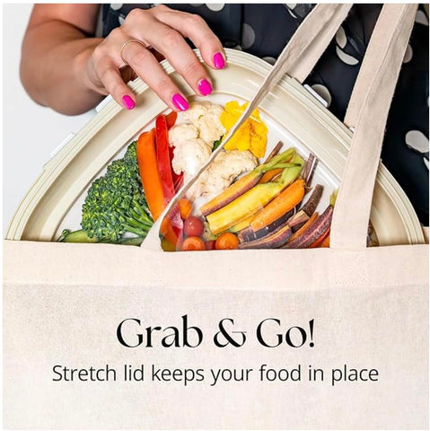 Crudités reversible stretch lid seals securely for quick, mess-free storage