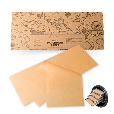 Crunch Co parchment sheets sized for Harvest Right trays enable clean, quick prep.