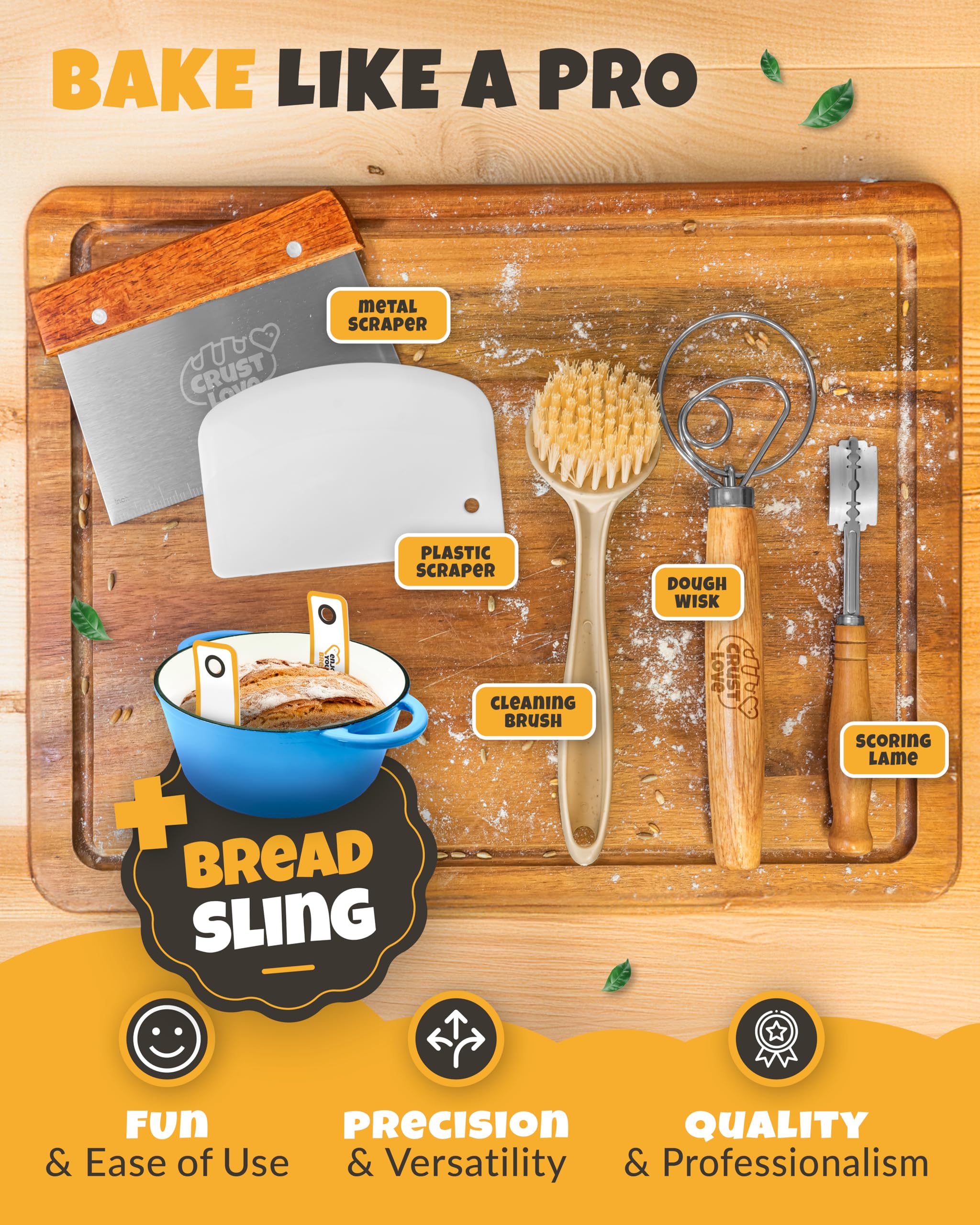 CRUSTLOVE bread-in-action featuring a loaf with a crisp crust