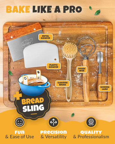 CRUSTLOVE bread-in-action featuring a loaf with a crisp crust