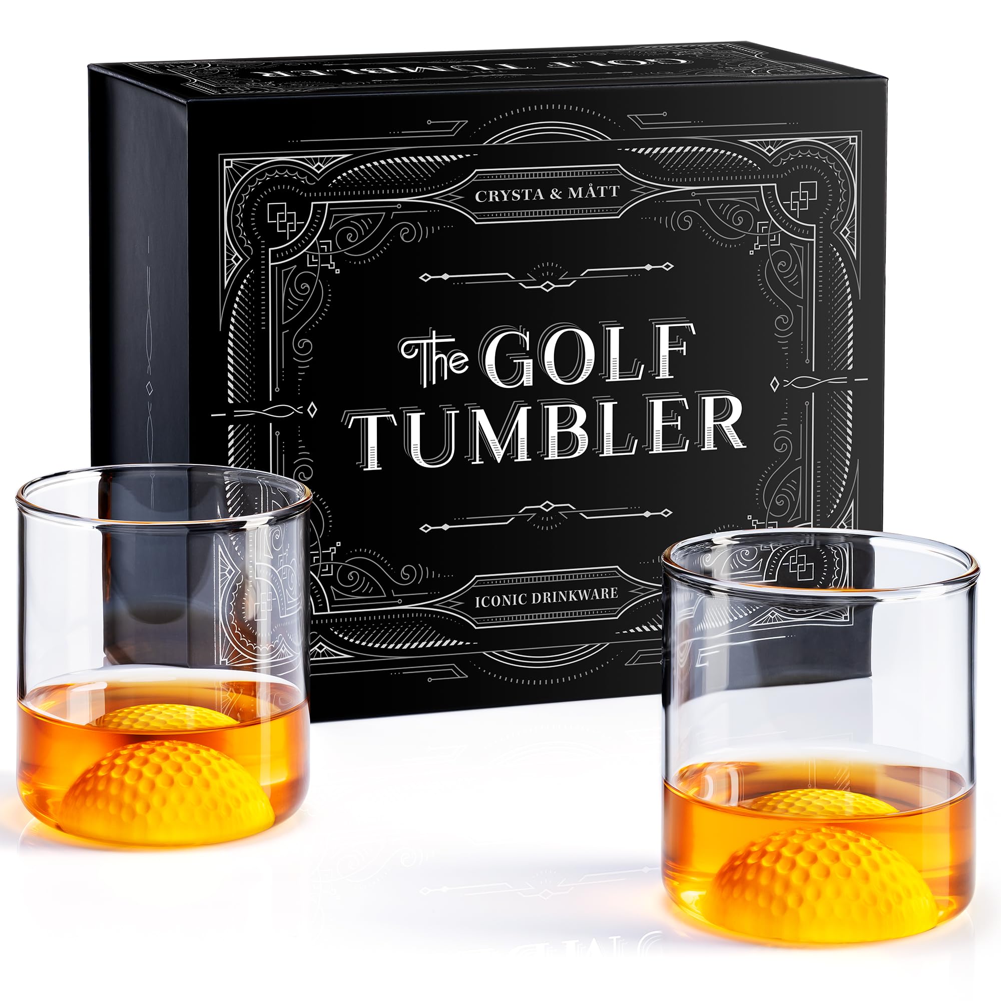 CRYSTA & MÅTT golf-ball shot glasses set enhances the 19th hole with a striking base