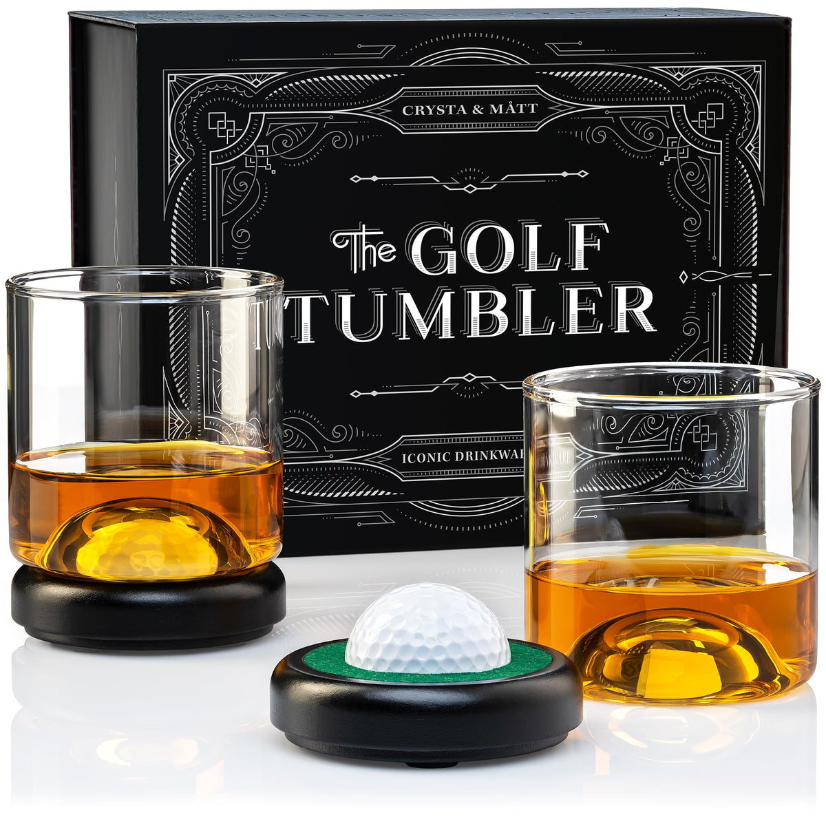 CRYSTA & MÅTT golf-ball shot glass base highlights premium embedded design for standout pours.