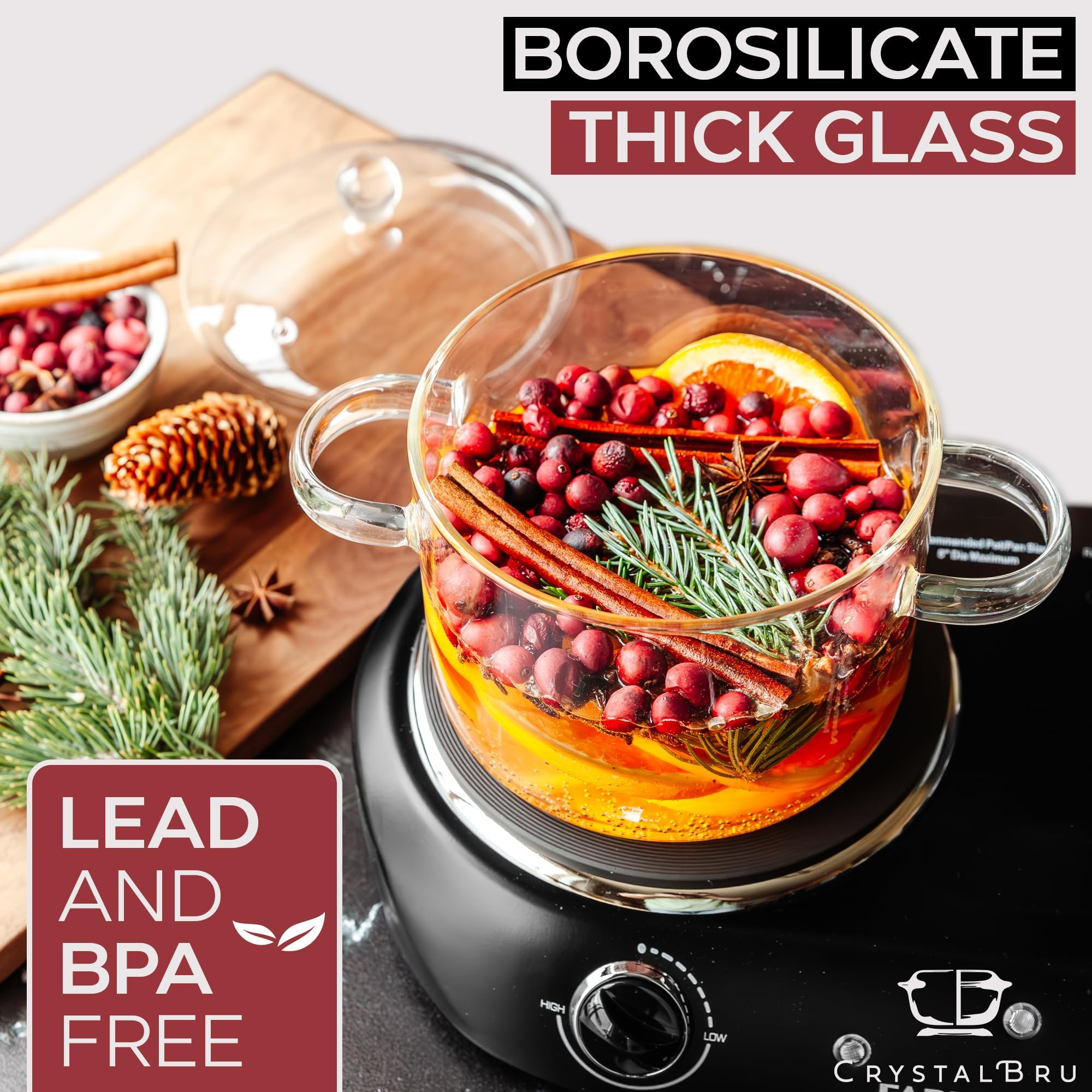 Crystalbru glass pot with anti-scald handles for safer lifting.
