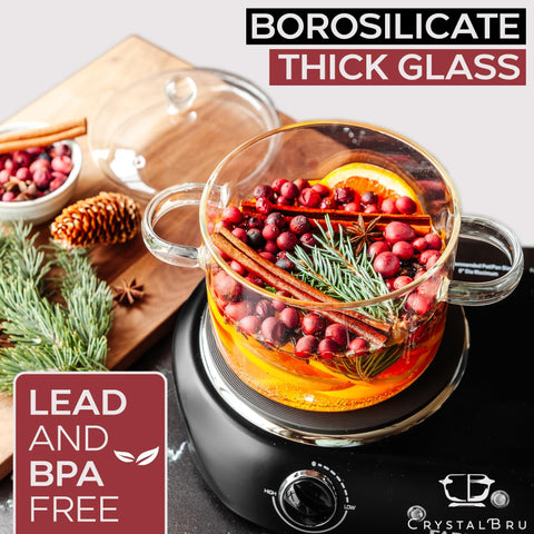 Crystalbru glass pot with anti-scald handles for safer lifting.