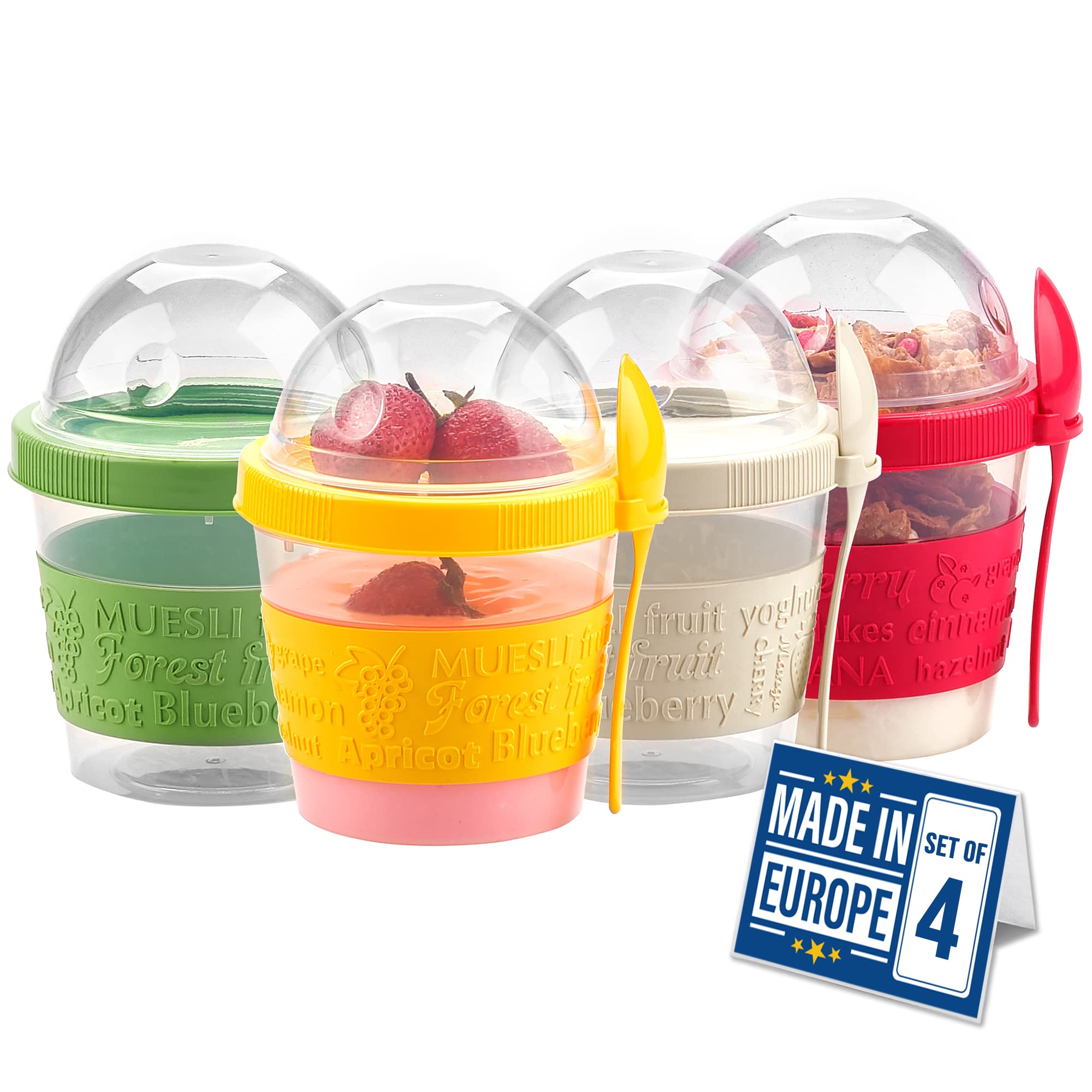 Crystalia four-pack yogurt parfait cups with lids offer leak-proof transport for on-the-go meals.