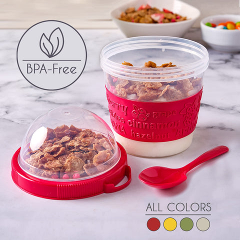 Crystalia cup with spoon and topping compartment keeps snacks organized.