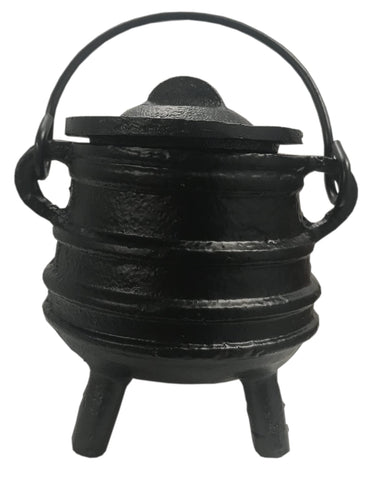 Crystalo ribbed cast iron cauldron with lid, compact 3-inch diameter for small-batch cooking.