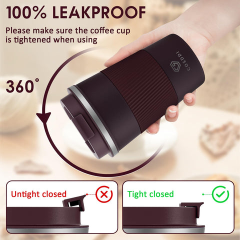 CS COSDDI insulated cup showing airtight seal for mess-free sipping.