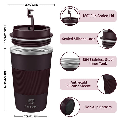 CS COSDDI spill-proof lid on travel mug prevents leaks during on-the-go use.