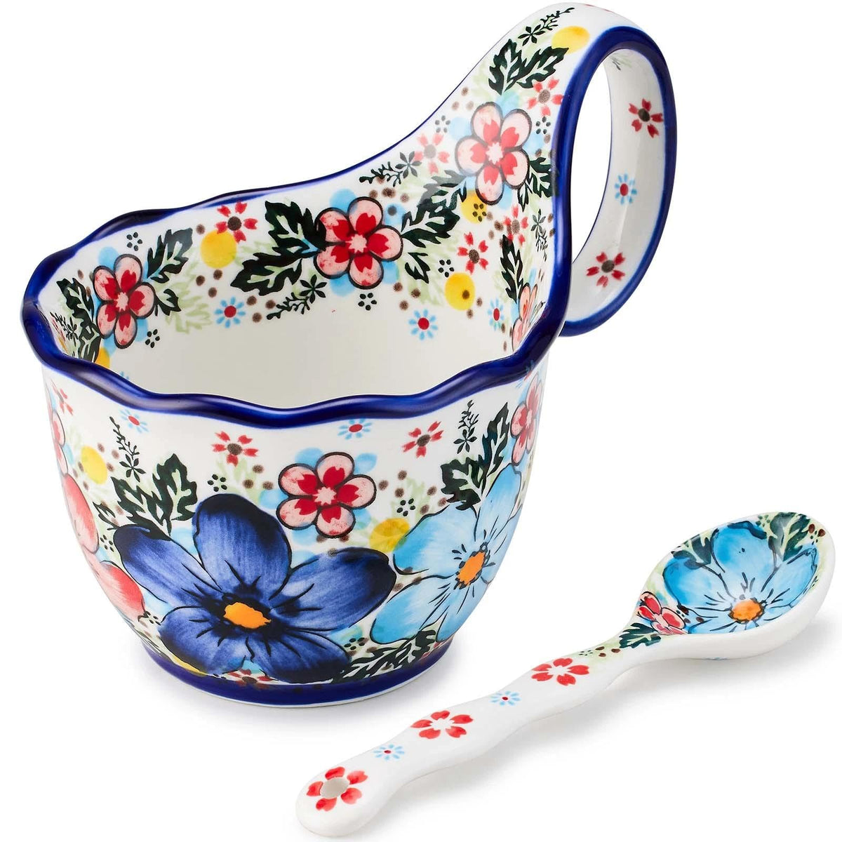 Cteaffee ceramic soup bowl with handle in glazed blue, ideal for hot soups