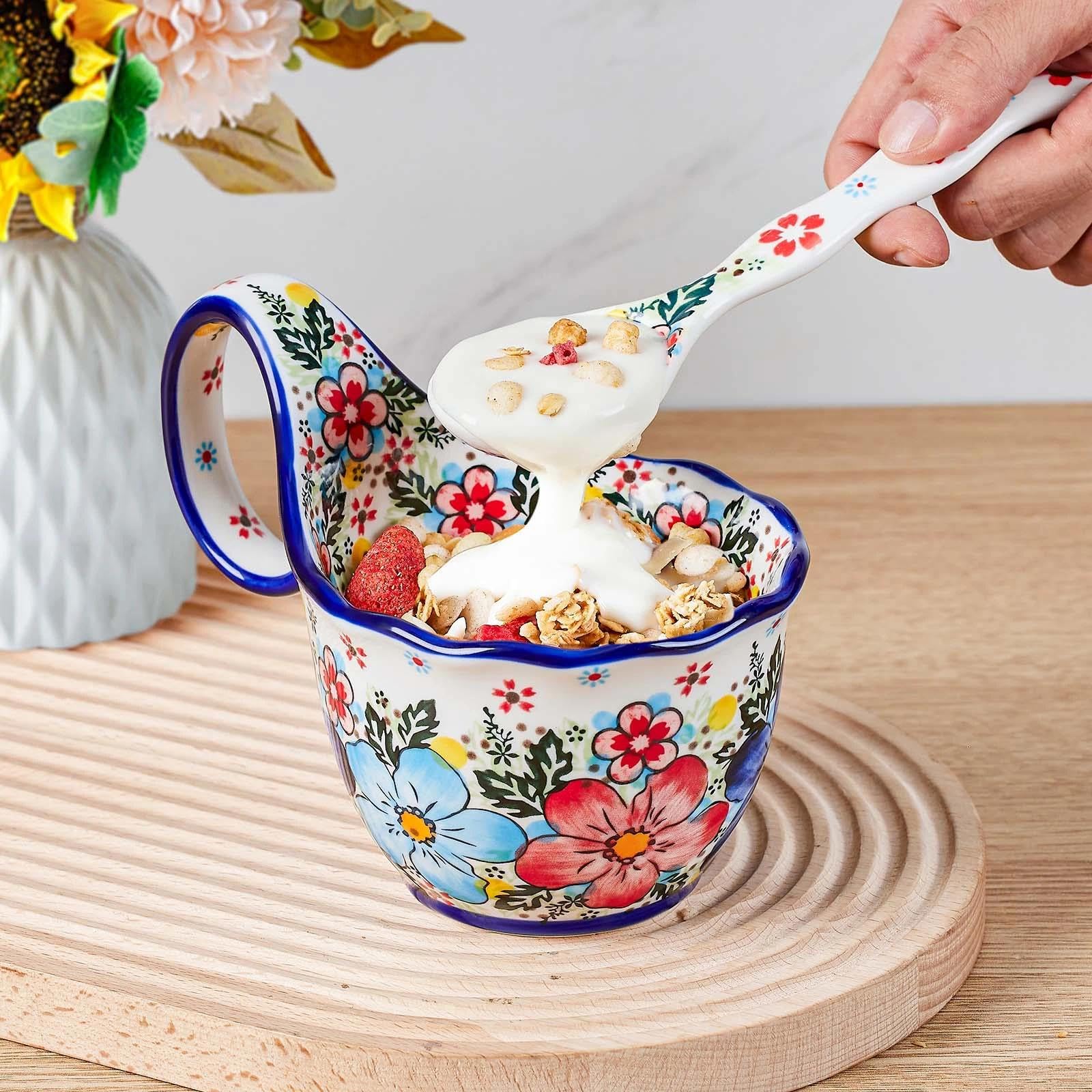 Cteaffee porcelain soup bowl with spoon, convenient serving set for stews and snacks