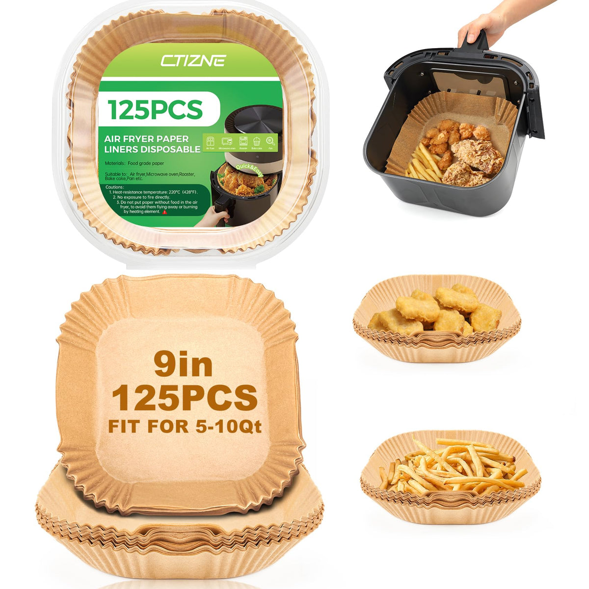 Ctizne air fryer liner, 9-inch bottom width, for 8–12 Qt baskets