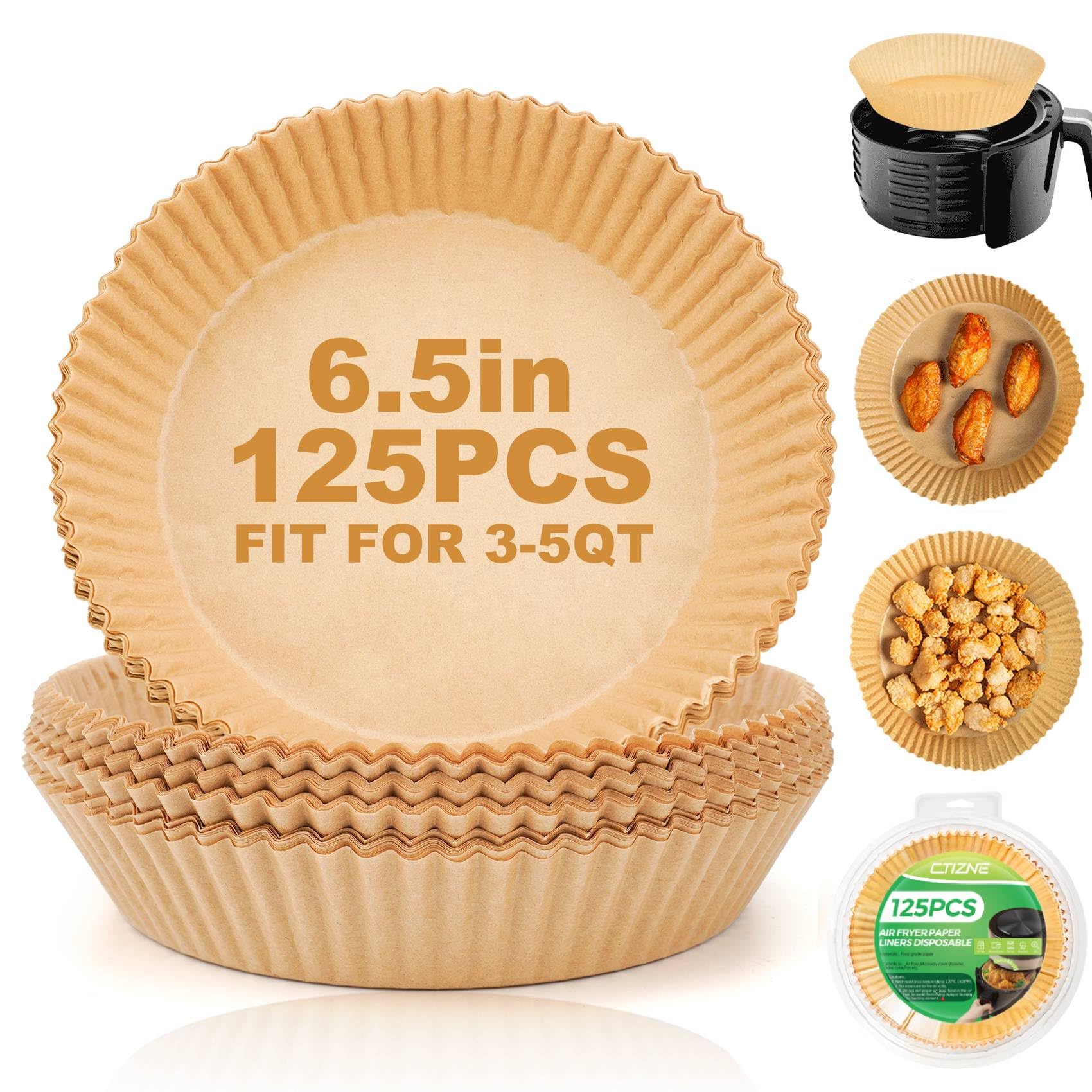 Ctizne disposable air fryer liners in a 6.5-inch basket, non-stick and oil-proof.