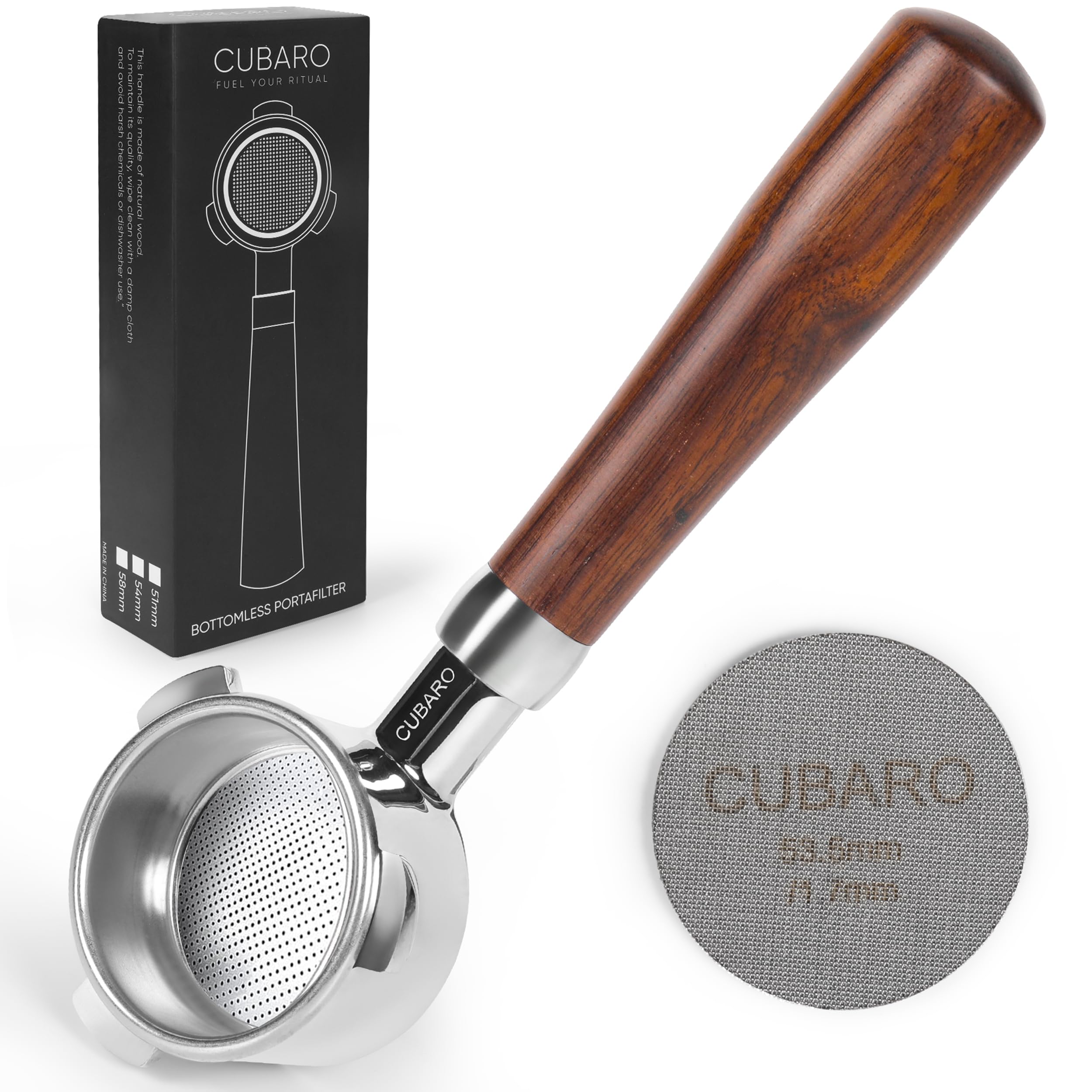 CUBARO 54mm bottomless portafilter ready for Breville fit, enhancing extraction control.