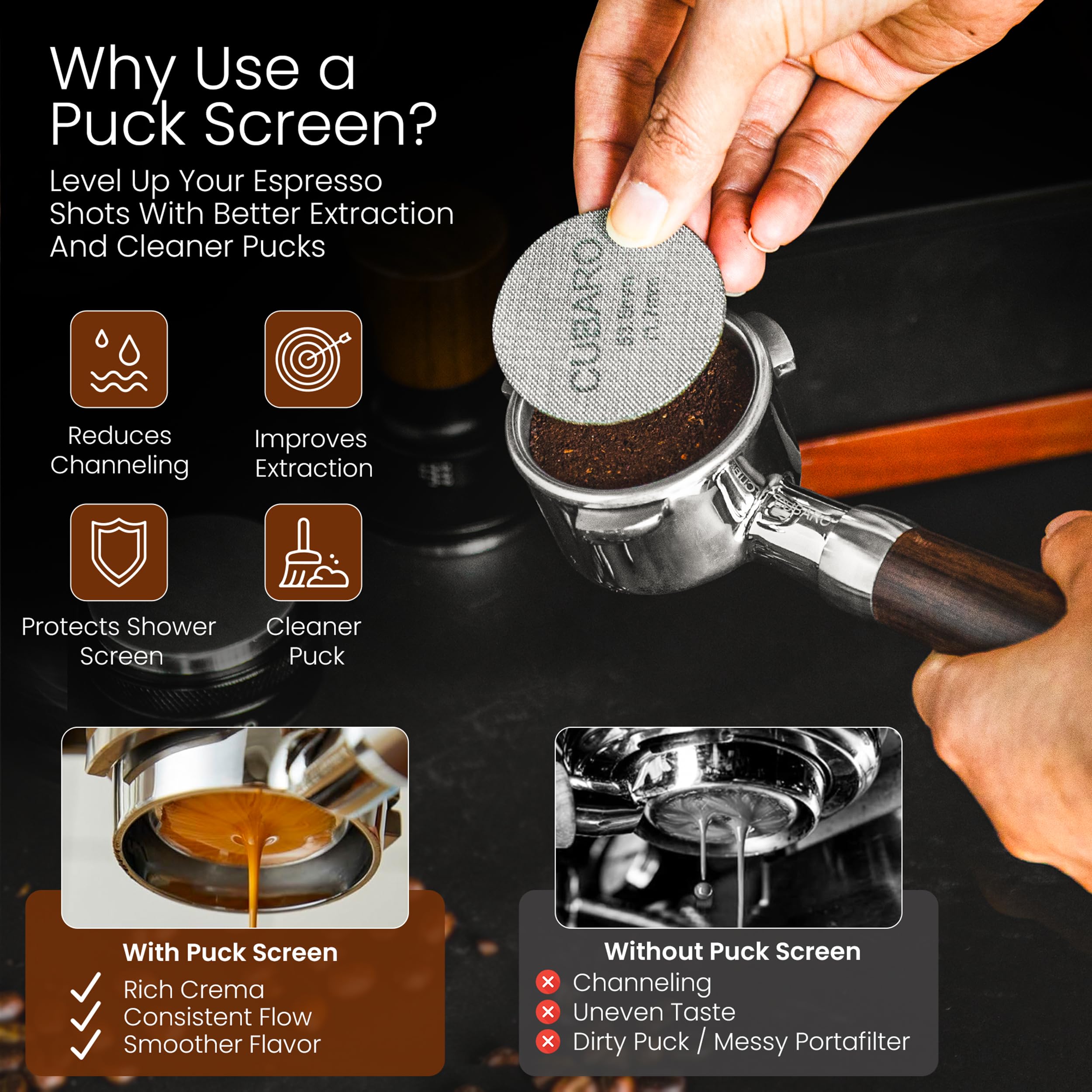 During extraction, bottomless design reveals espresso flow for analysis and adjustment.