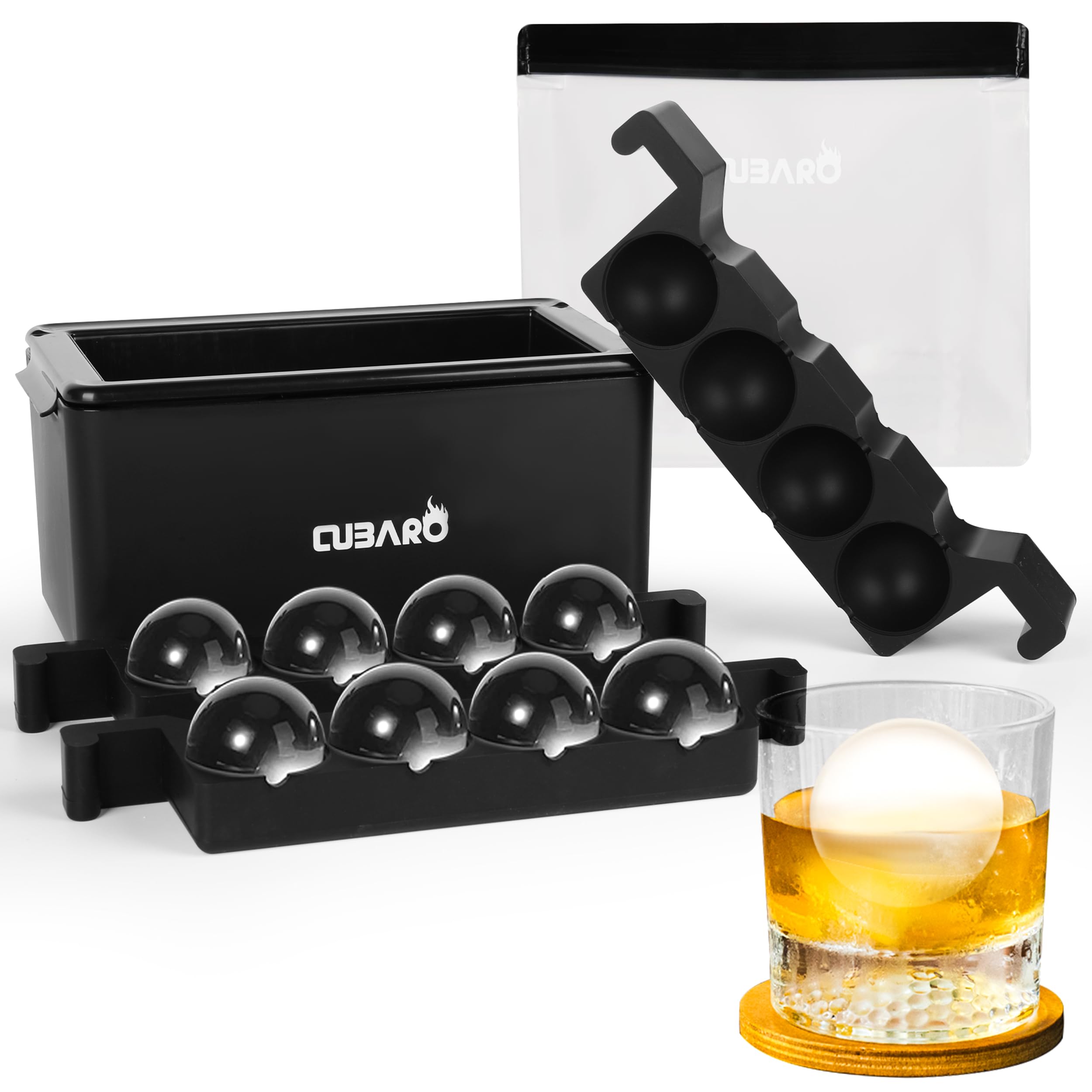 CUBARO clear ice ball mold showing crystal-clear 2-inch spheres for cocktails.