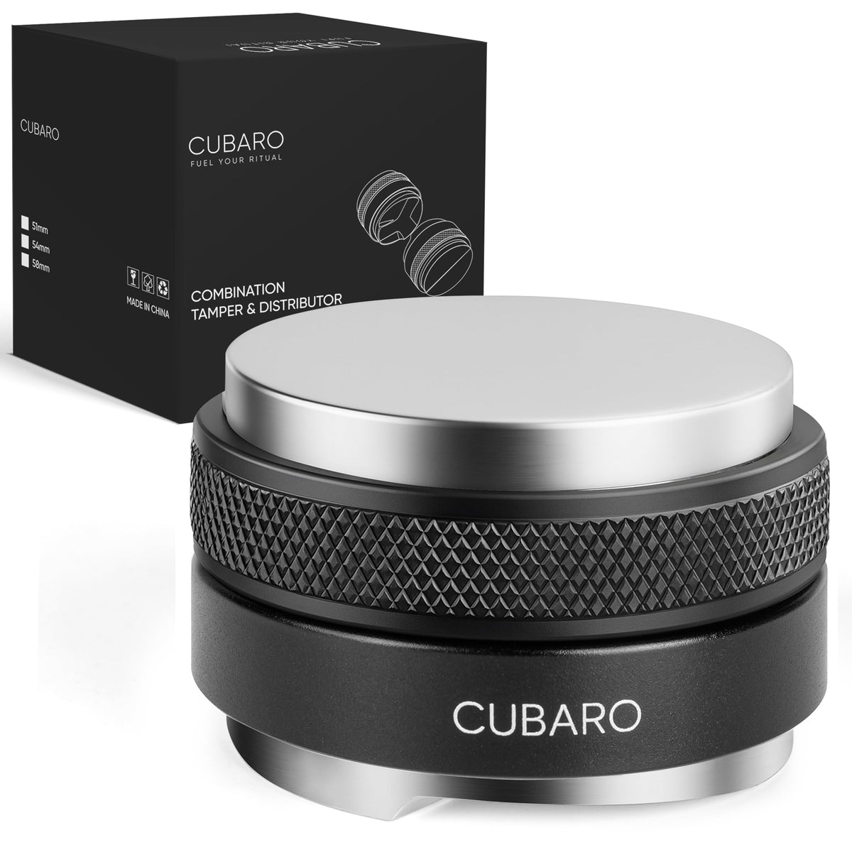 CUBARO dual-head espresso distributor and tamper in action for a level coffee bed.
