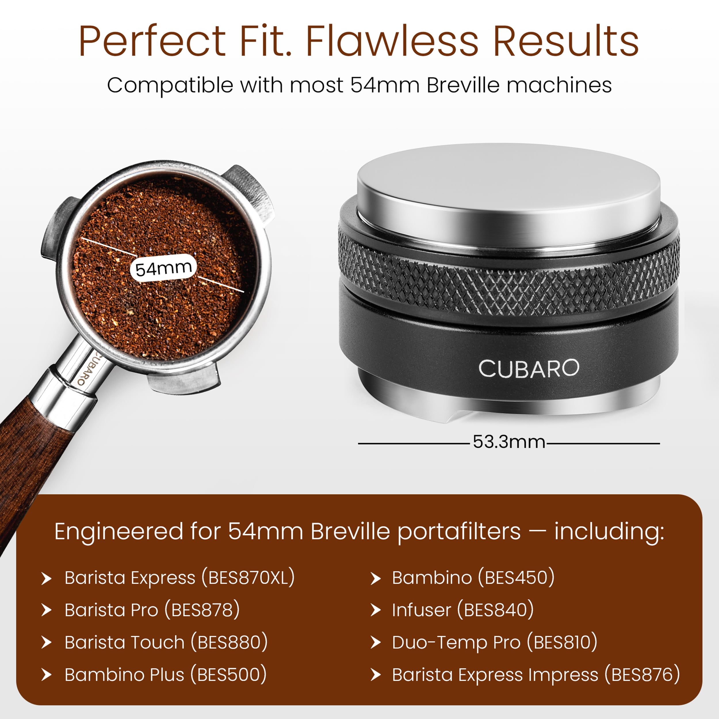 CUBARO precision 53.3mm Breville fit ensuring edge-to-edge contact.