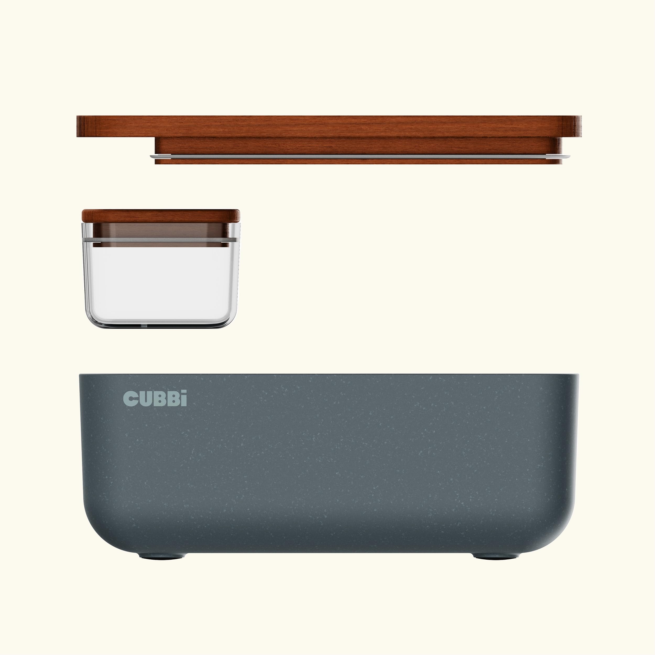 Interior view showing Cubbi hardwood tray for prep and organization