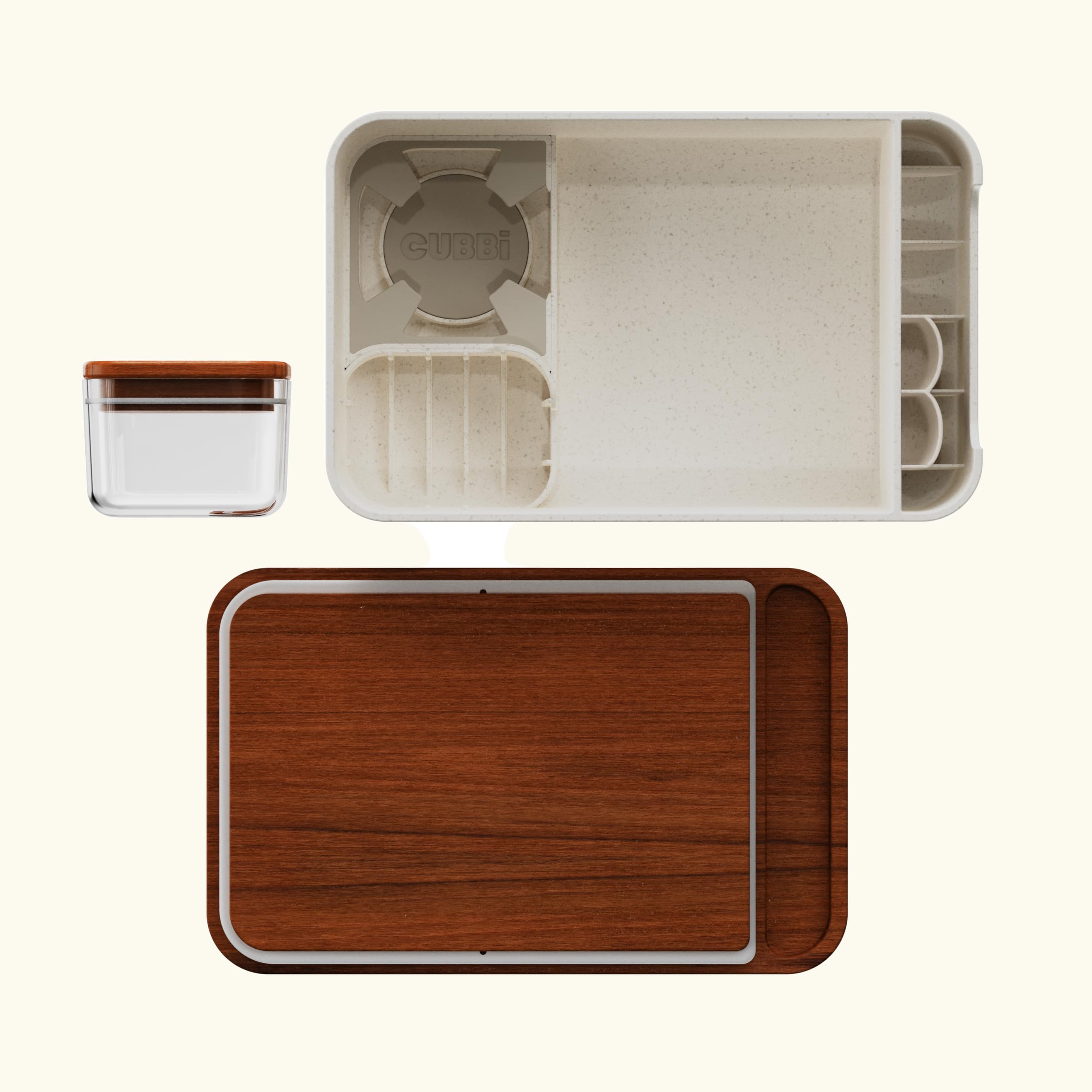 The Cubbi wooden tray aids prep and easy cleanup.