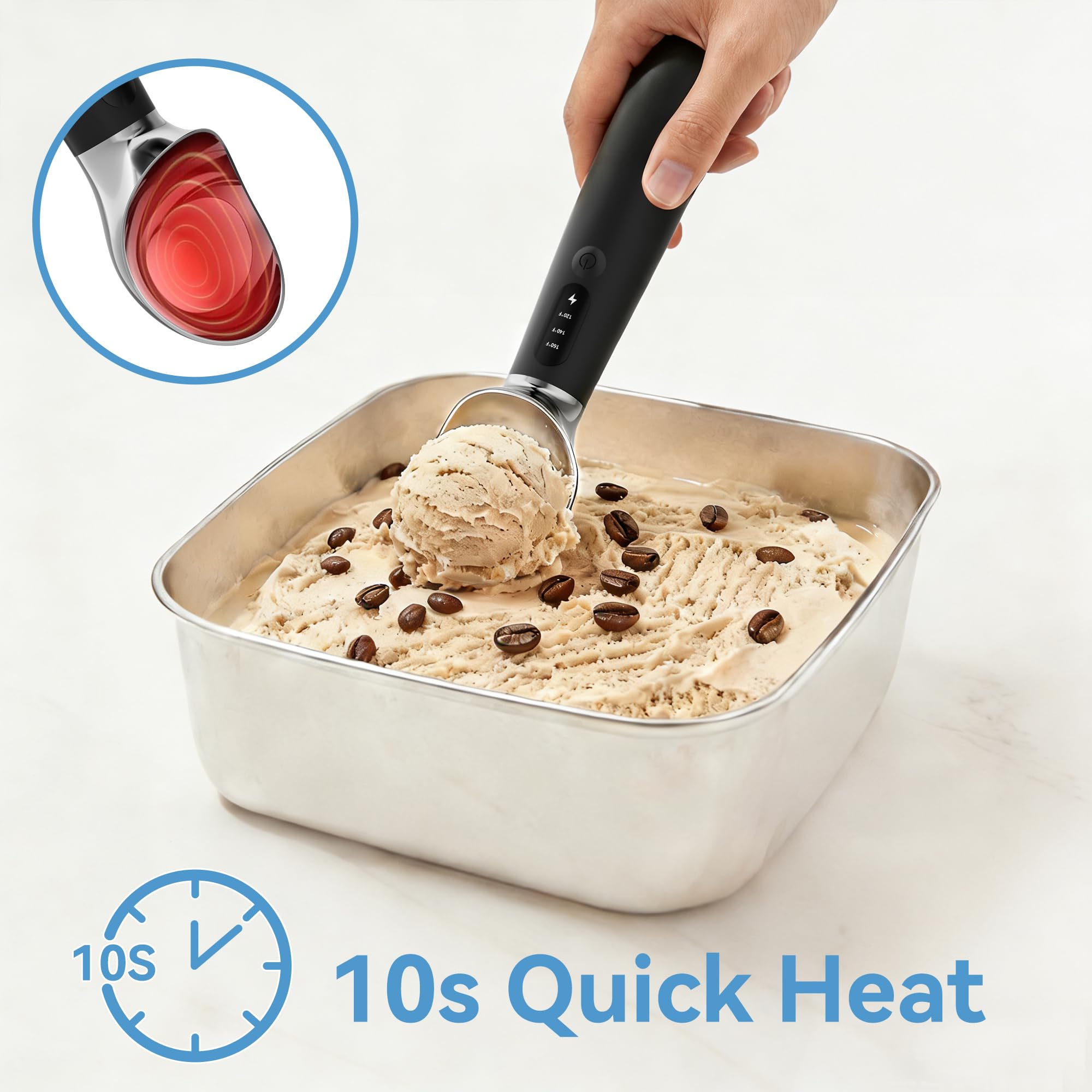 Cube Life heated scoop with temperature settings up to 160°F for easy scooping