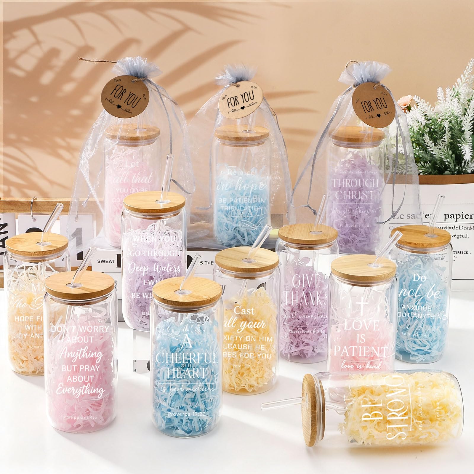 Cubotn bamboo lids on glass cups provide leak-proof, on-the-go use.