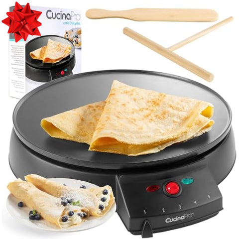 CucinaPro 12-Inch Griddle Crepe Maker ready for crepes and pancakes on the counter