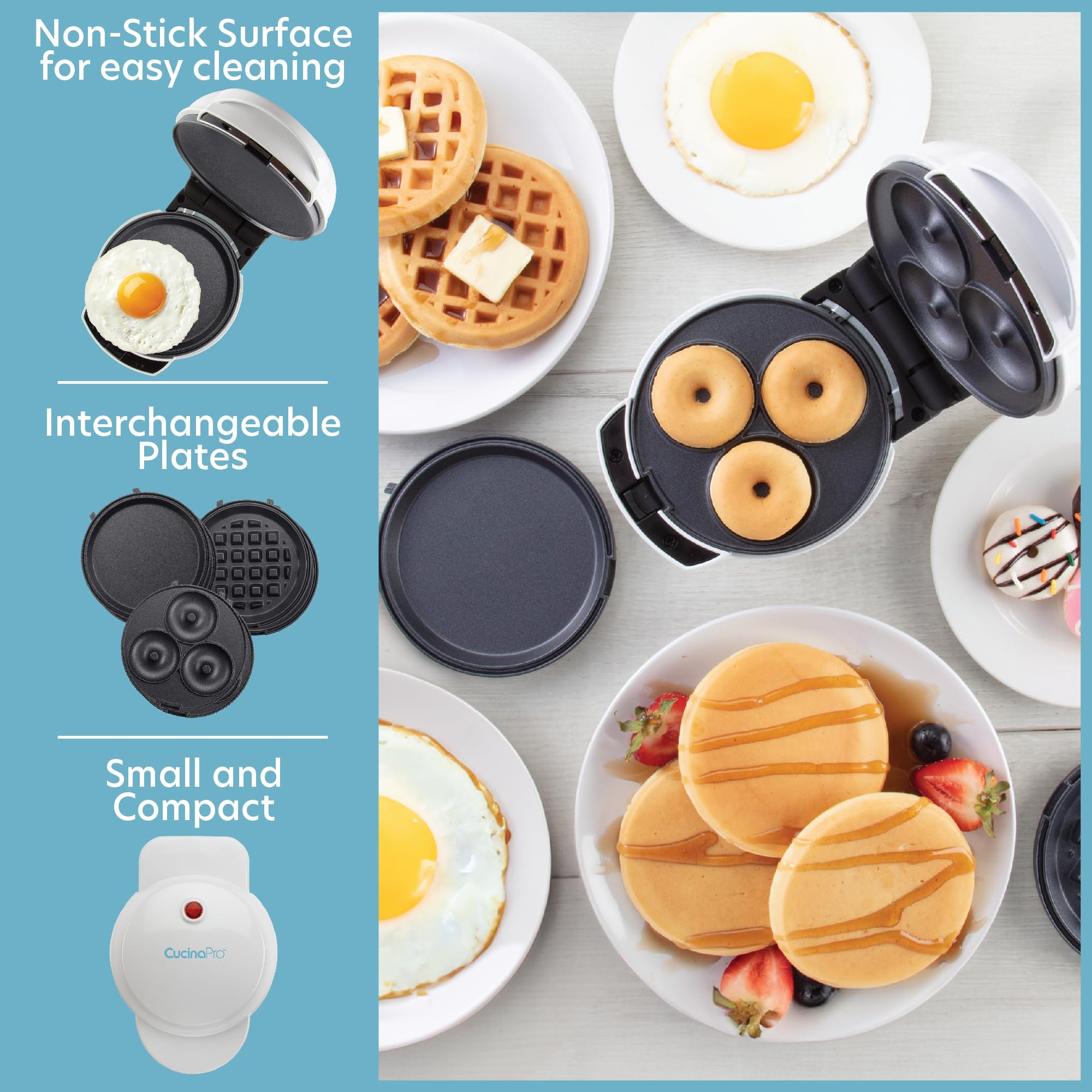 CucinaPro 3-in-1 mini breakfast maker donut plate produces bite-sized treats at home