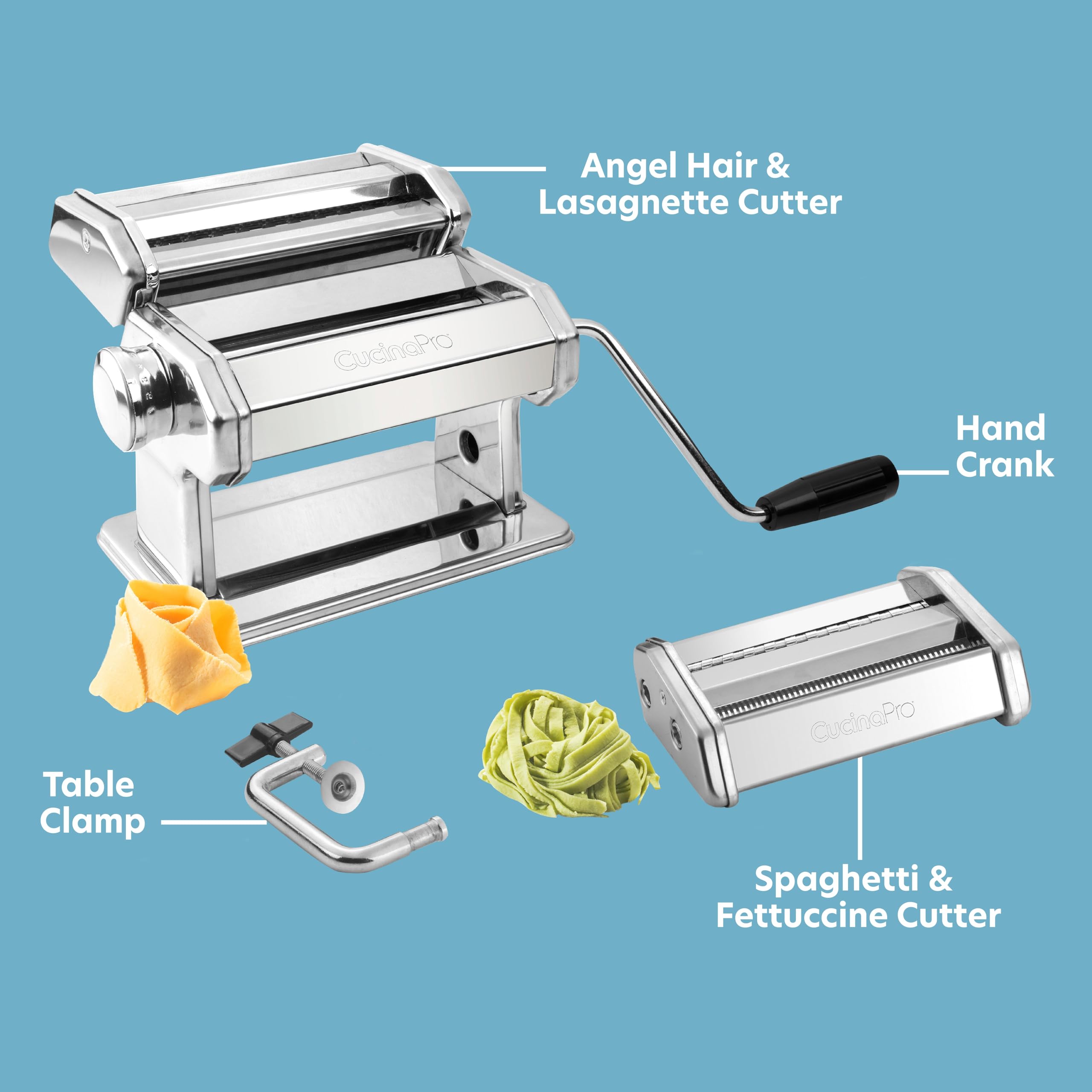 CucinaPro fettuccine attachment ready to cut delicate ribbons